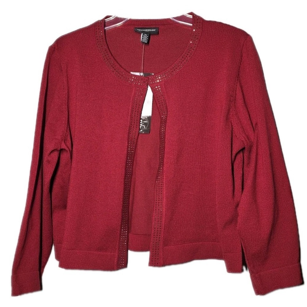 NWT Nina Leonard Womens Size XLarge‎ Red Embellished Cropped Cardigan